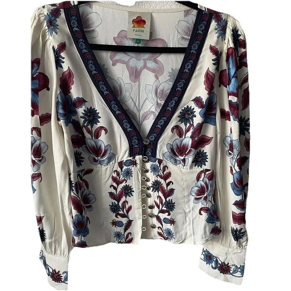 New Farm Rio Floral V-Neck Button Front Puff Sleeve Malu Blouse Top Size Small - Picture 6 of 8